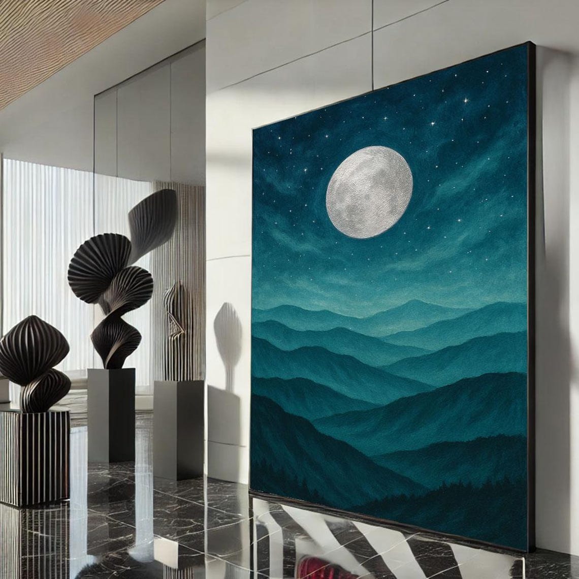 Majestic Moonlit Mountain Canvas Wall Art Print Teal Bedroom Decor Statement Piece For Modern Lovers