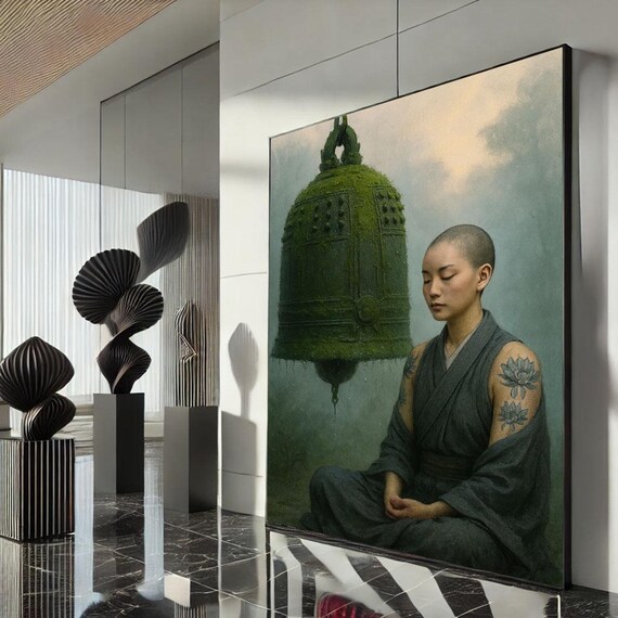 Calm Zen Monk Meditating Moss Temple Bell Lotus Tattoo Wall Art