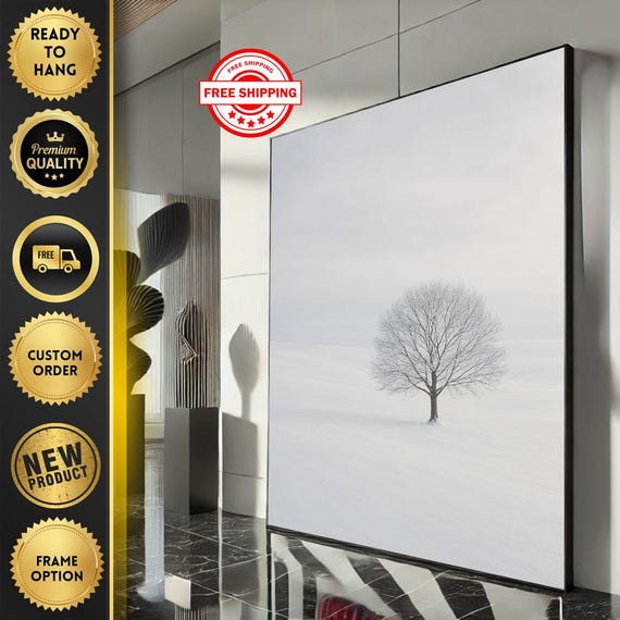 Minimalist Lone Tree Winter Canvas Wall Art Print Serene Living Room Decor Ready To Hang