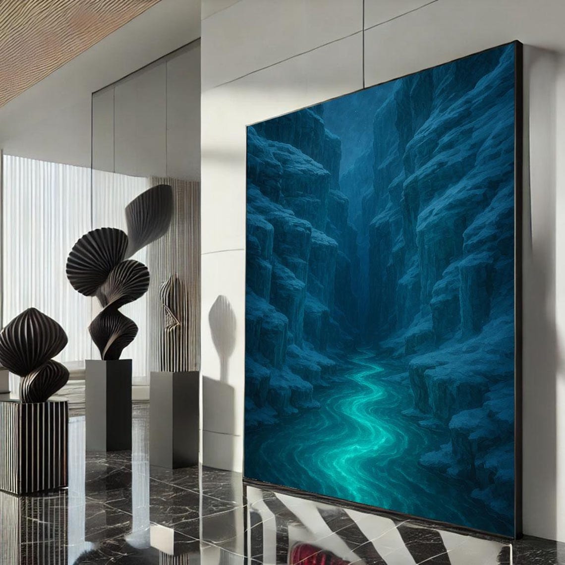 Enigmatic Ice Canyon Abstract Canvas Wall Art Print Cool Blue Living Room Decor Statement Piece