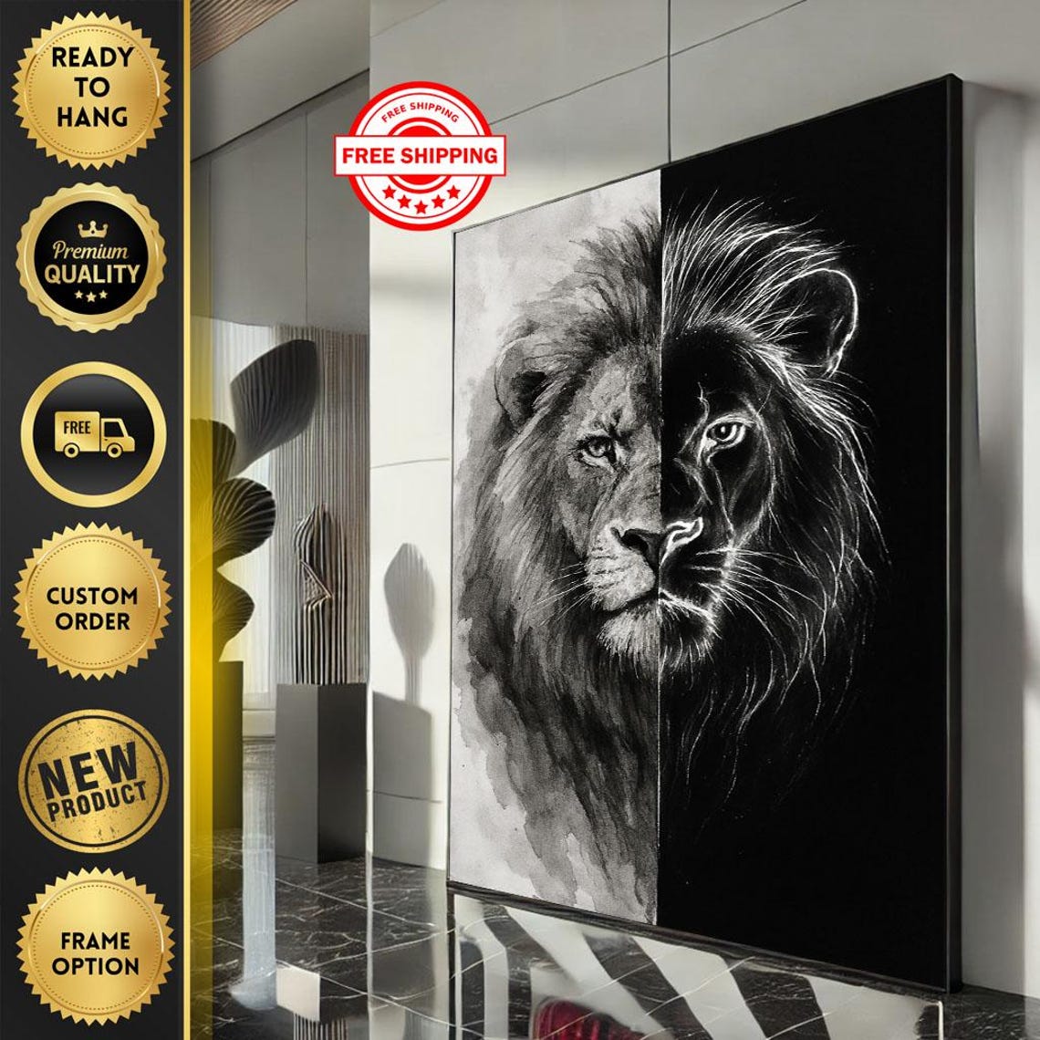 Majestic Lion Half Black And White Canvas Wall Art Print Modern Living Room Decor Statement Piece