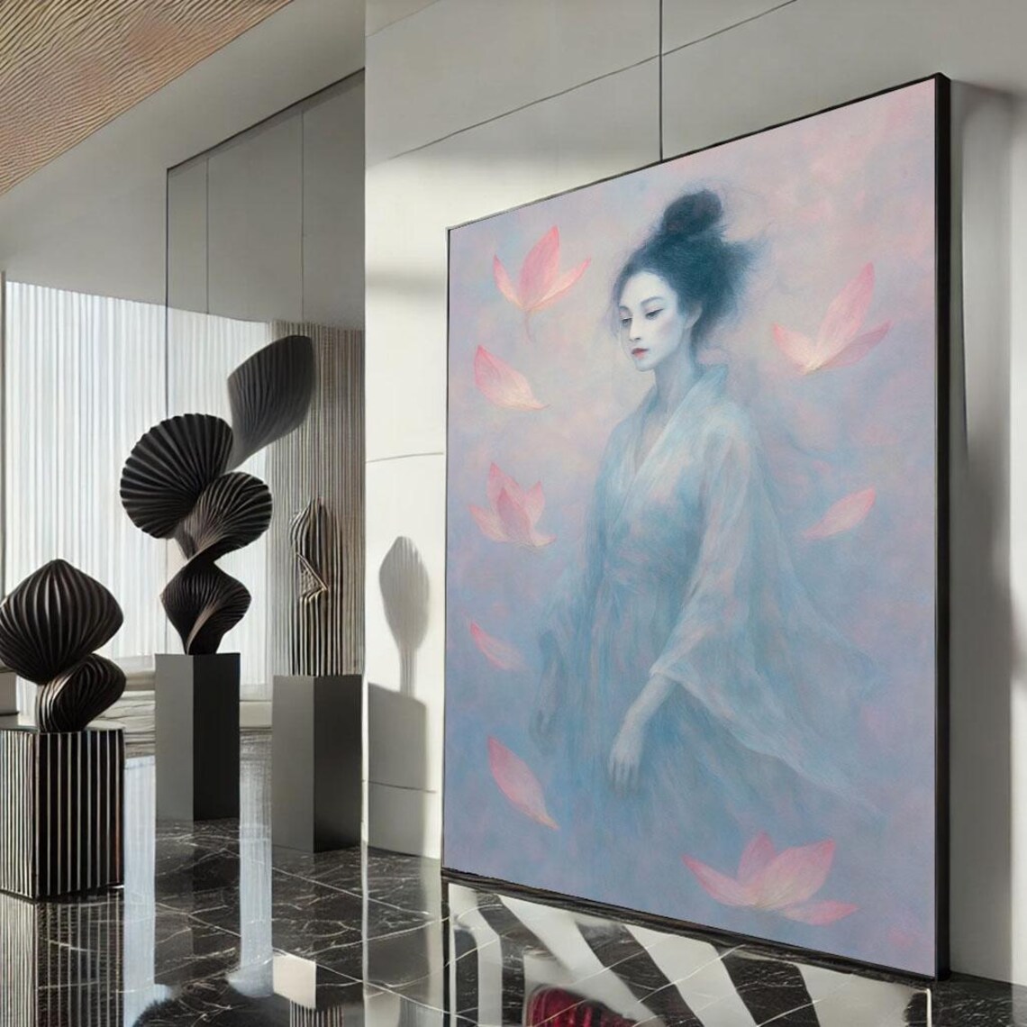 Dreamy Mist Ethereal Woman White Kimono Pastel Lotus Petals Poster