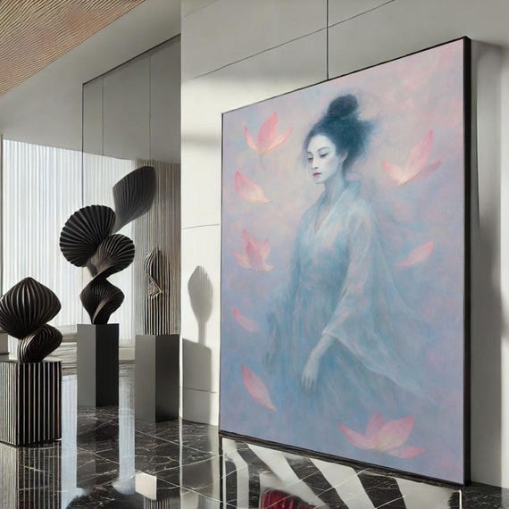 Ethereal Woman In Kimono Canvas Wall Art Print Dreamy Pastel Living Room Decor Statement Piece