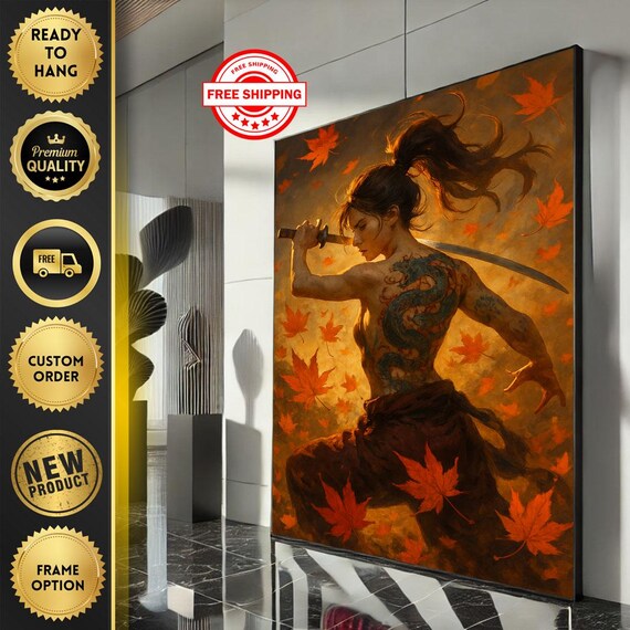 Fierce Samurai Woman Sword Autumn Maple Leaves Canvas Poster