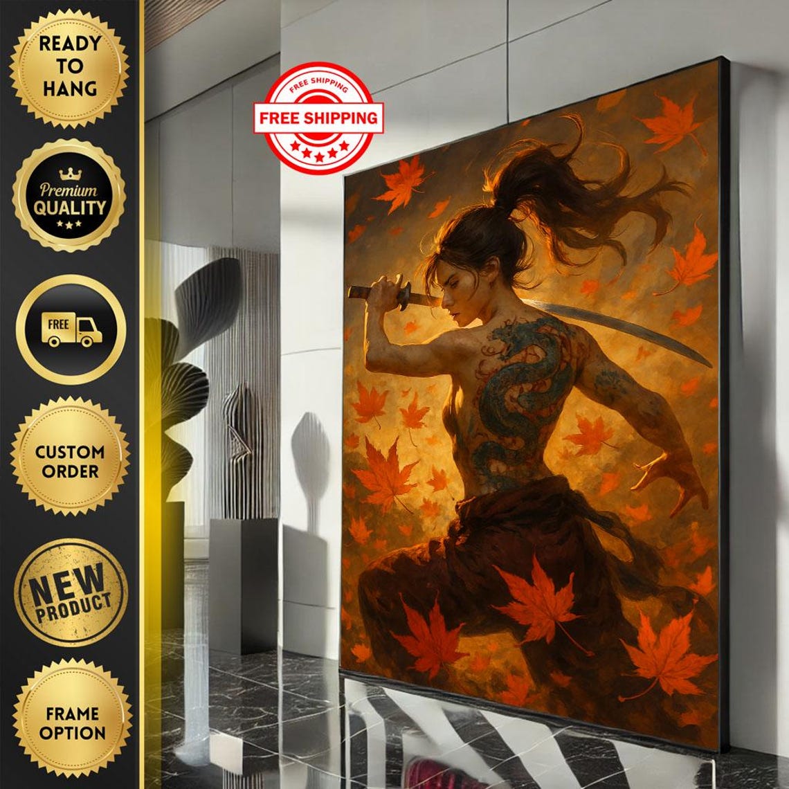 Fierce Samurai Woman Sword Autumn Maple Leaves Canvas Poster