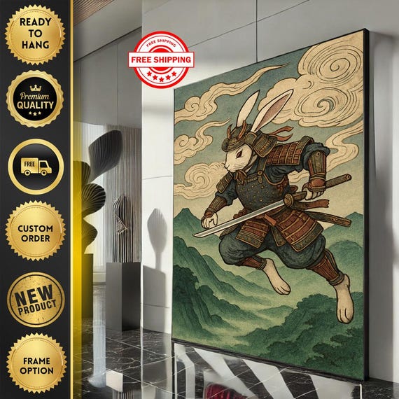 Empowered Samurai Rabbit Canvas Wall Art Print Asian Warrior Living Room Decor Ready To Hang Statement Piece