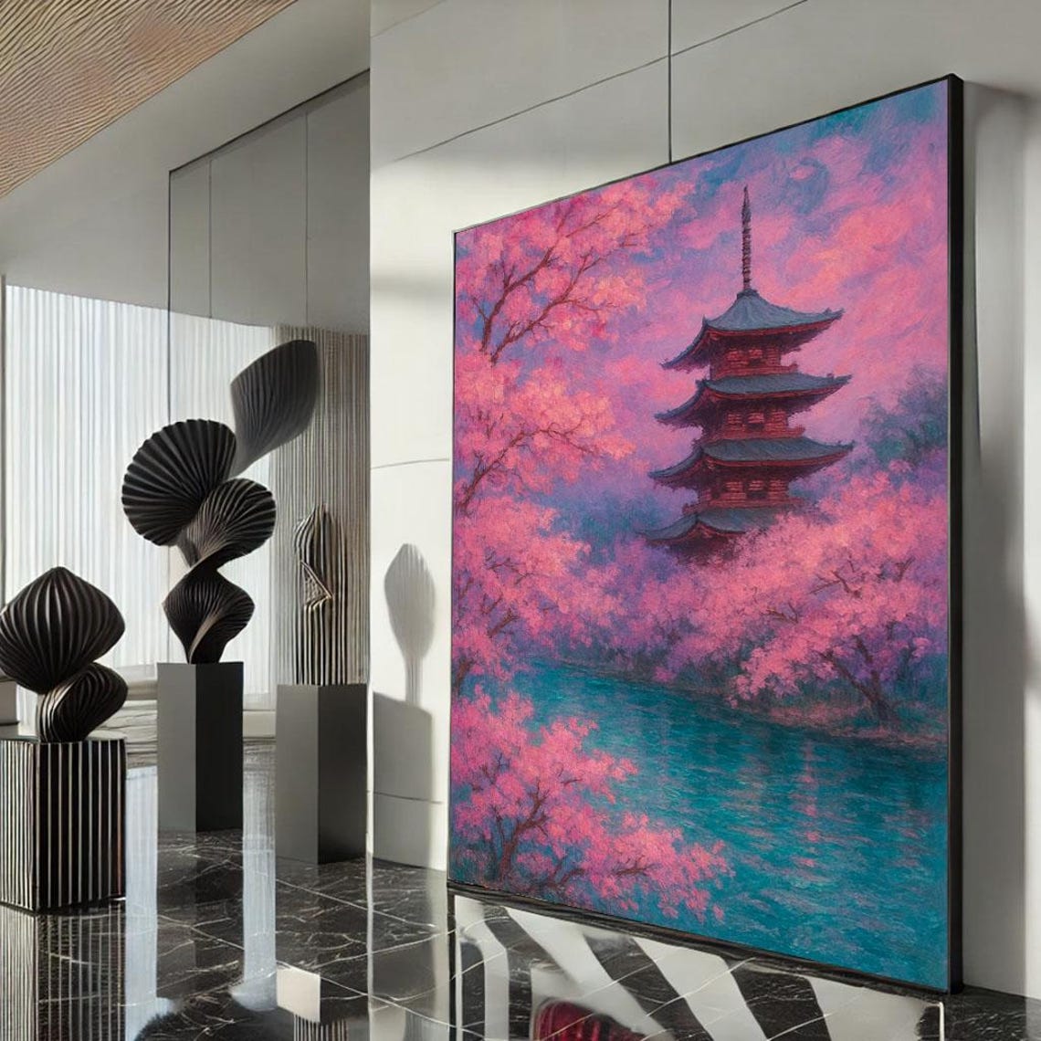 Japanese Pagoda with Pink Cherry Blossoms Over a Teal Lake Poster