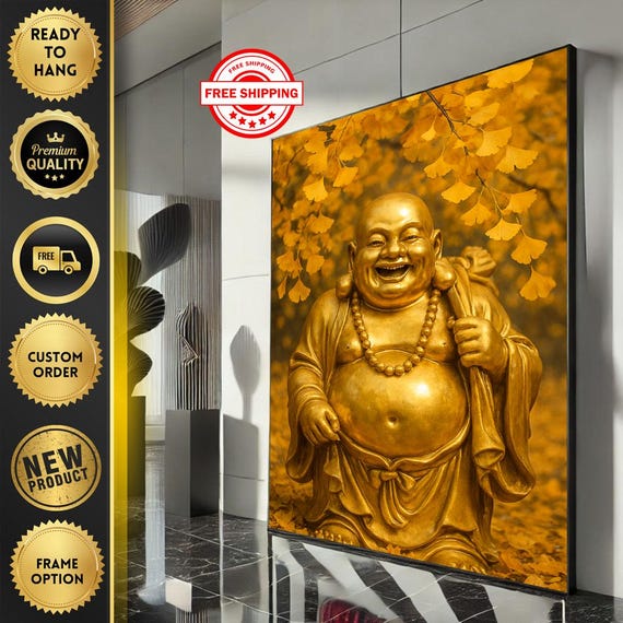 Joyful Buddha Gold Canvas Wall Art Print Spiritual Living Room Decor Ready To Hang