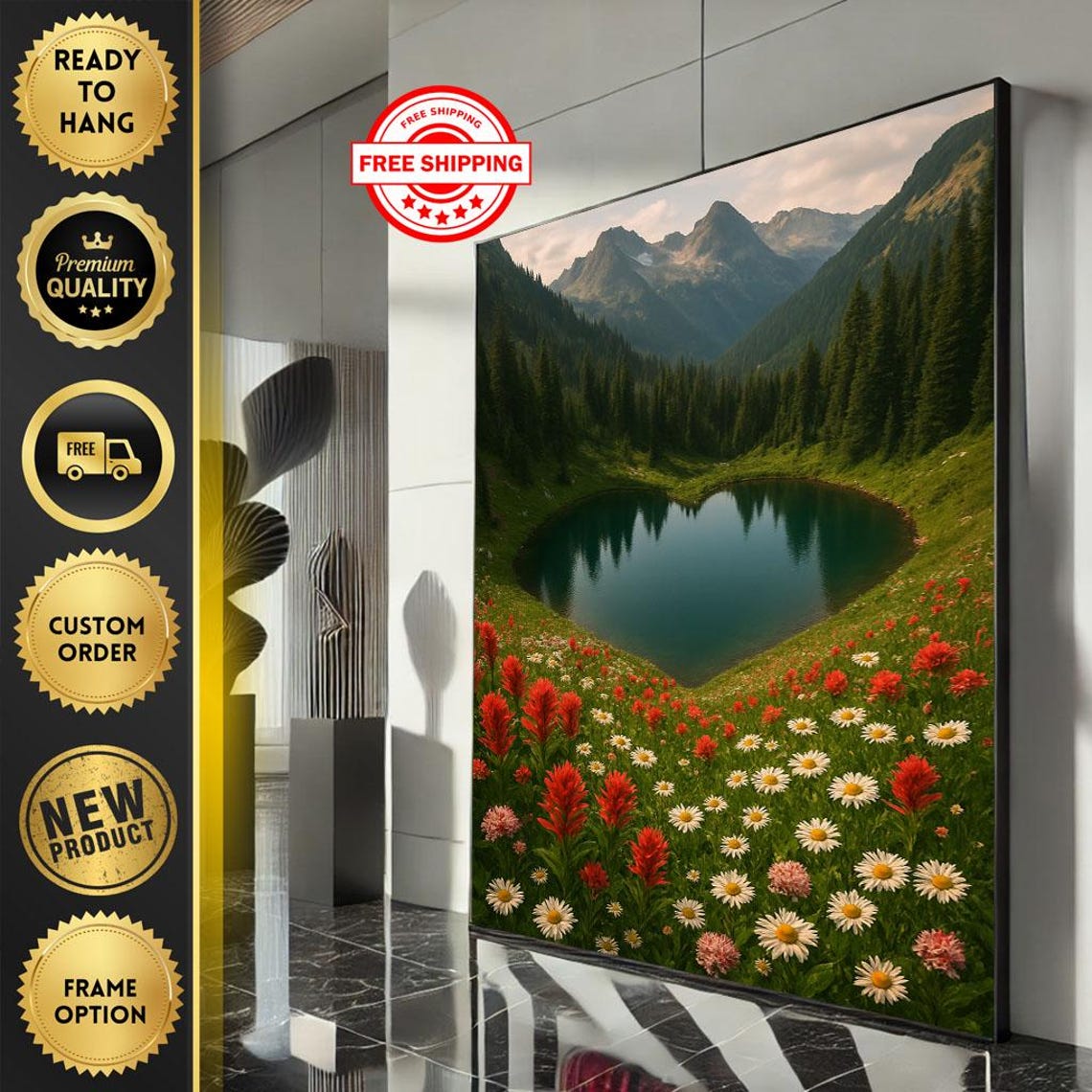 Mountain Lake Ringed With Colorful Wildflowers And Pine Peaks Poster