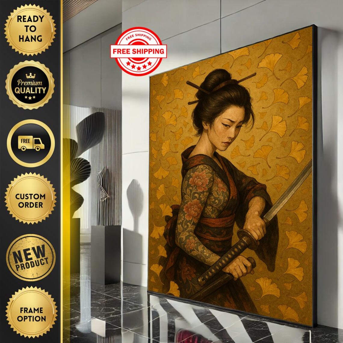 Tattooed Samurai Woman Gold Ginkgo Leaves Katana Opulent Art Poster