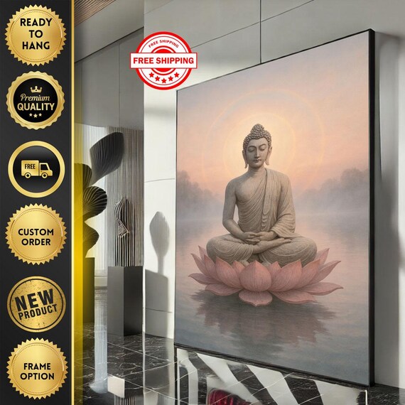 Buddha Meditating Pink Lotus Flower Misty Dawn Serene Poster