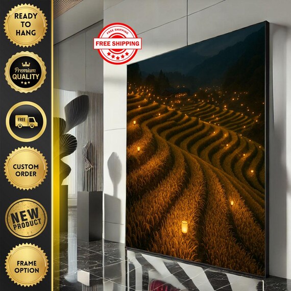 Terraced Rice Fields Lit By Warm Lanterns At Nightfall Poster
