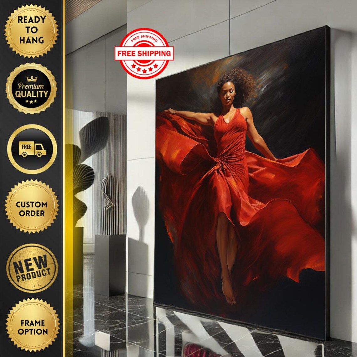 Elegant Dancer in Swirling Red Gown Dark Dramatic Portrait Poster