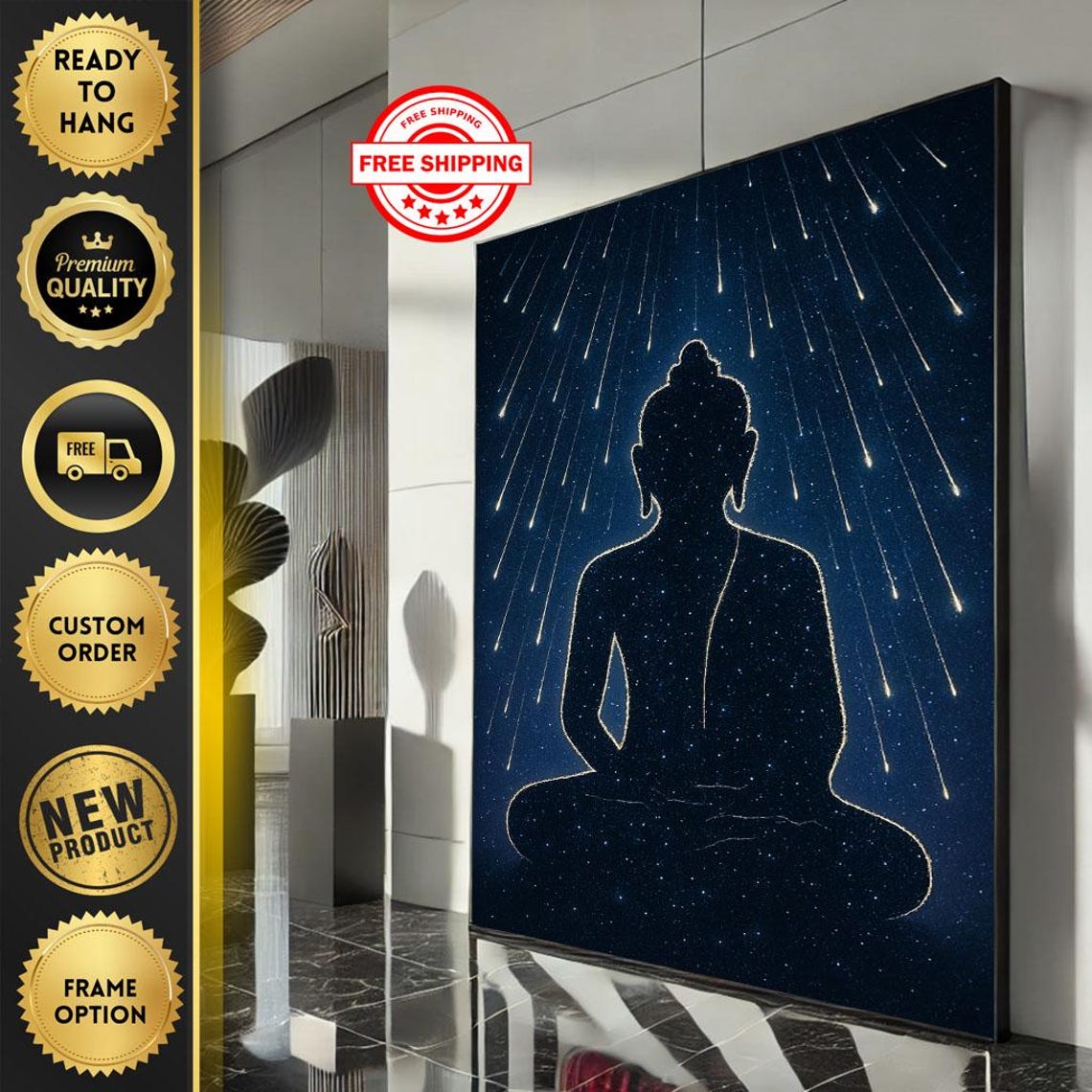Buddha Silhouette Meteor Shower Starry Night Meditation Zen Poster