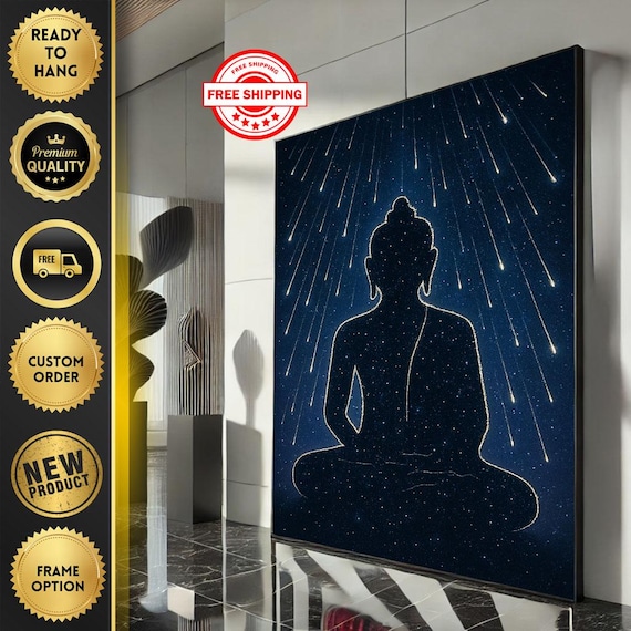 Buddha Silhouette Meteor Shower Starry Night Meditation Zen Poster