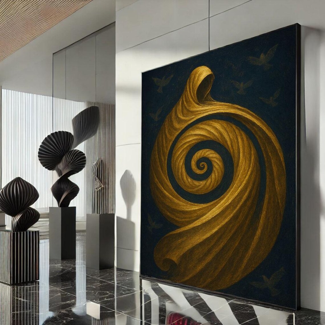 Golden Spiral Hooded Figure on Deep Black Mystic Abstract Poster