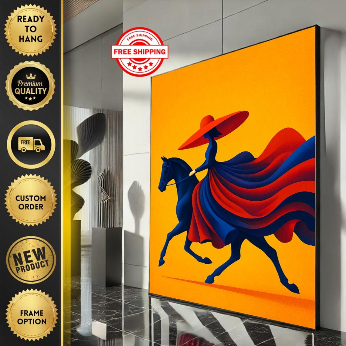 Colorful Horse Rider Woman Red Hat Navy Horse Orange Wall Art