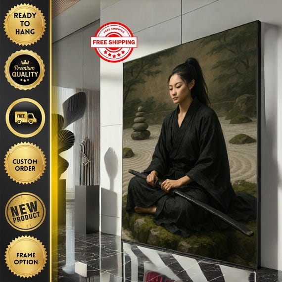 Serene Samurai Woman Canvas Wall Art Print Zen Modern Living Room Decor Ready To Hang Statement Piece
