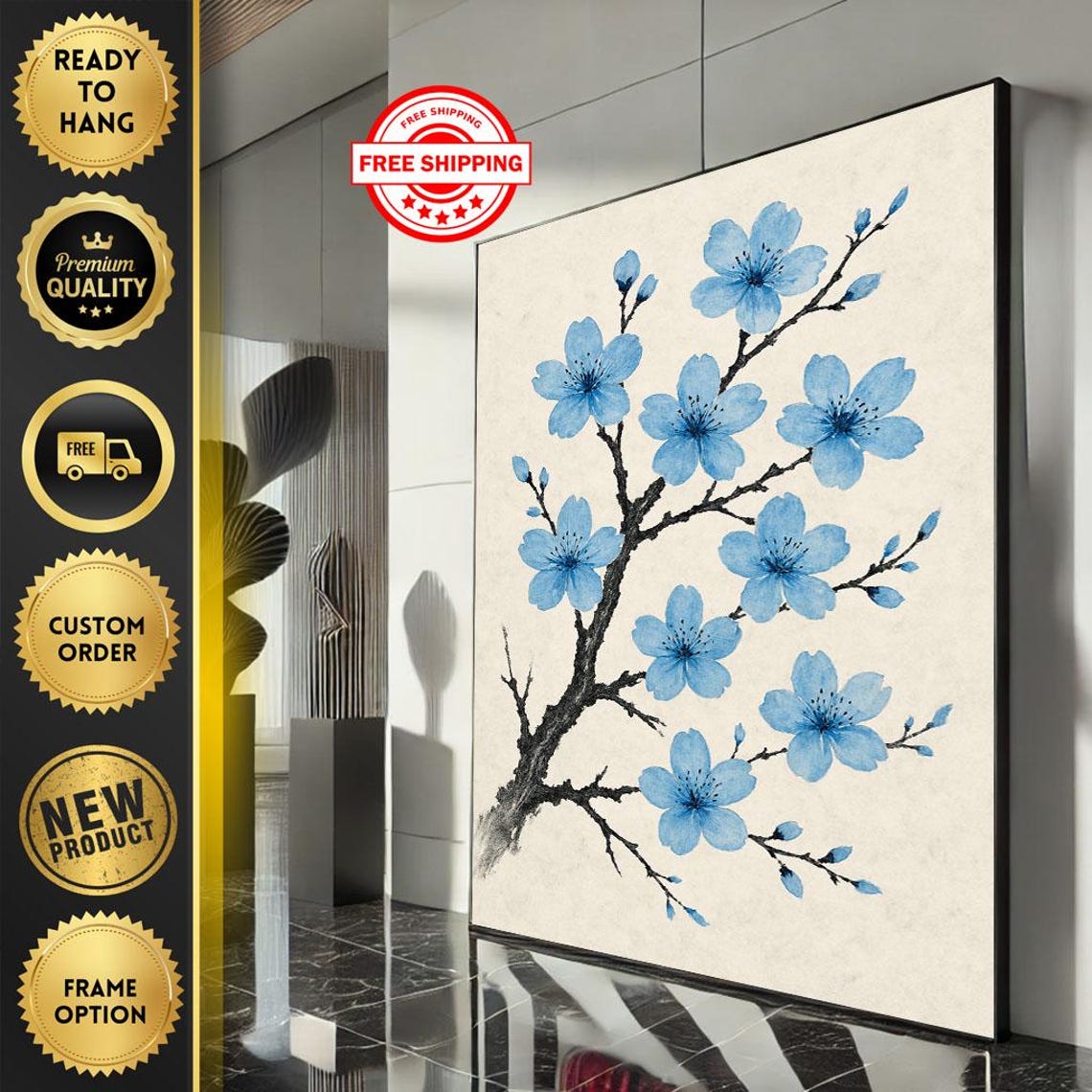 Blue Cherry Blossom Branch Japanese Ink Style Floral Wall Art