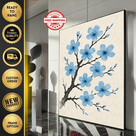 Elegant Blue Cherry Blossoms Canvas Wall Art Print Minimalist Living Room Decor Ready To Hang Statement Piece