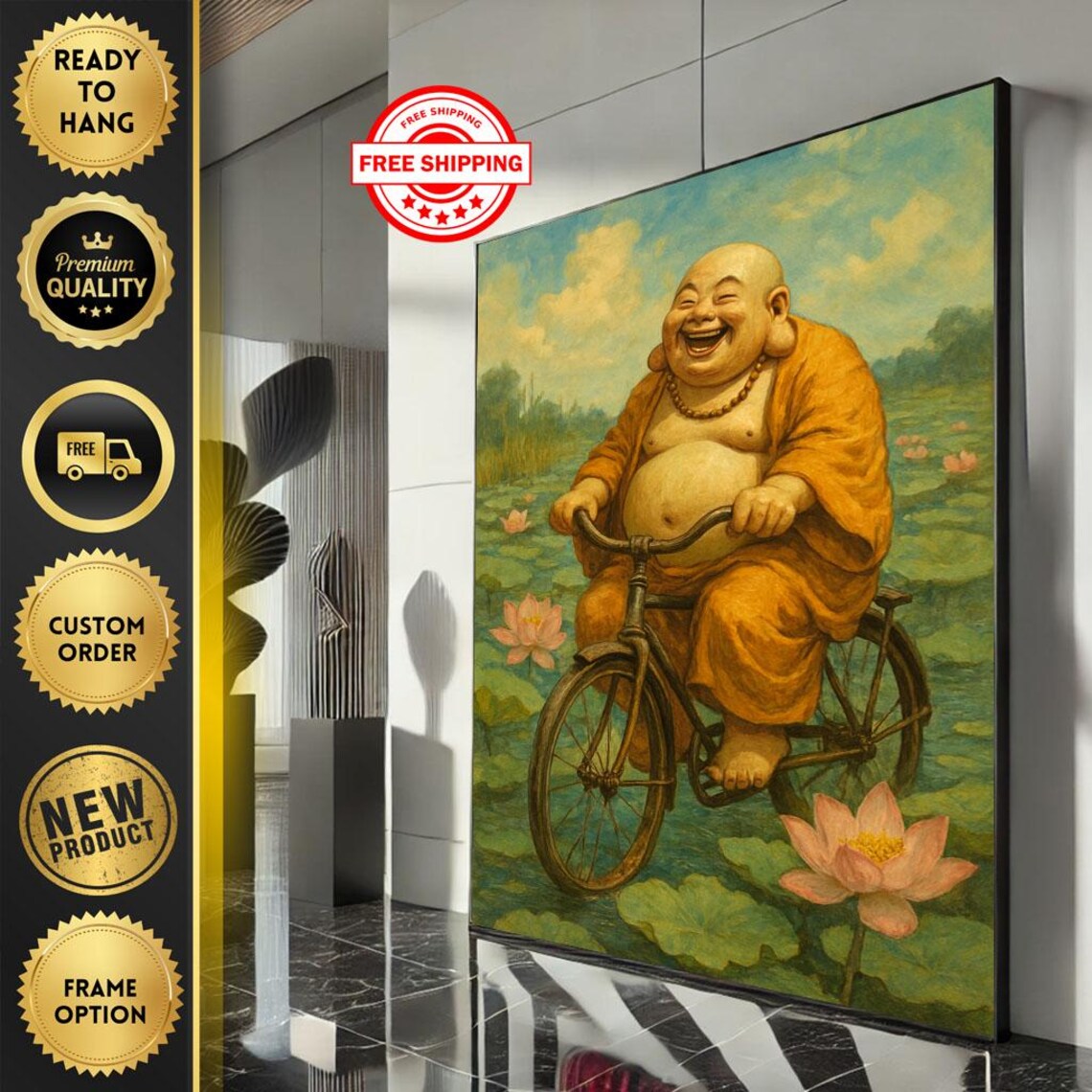 Joyful Buddha Riding Bicycle Lotus Pond Whimsical Boho Art Poster