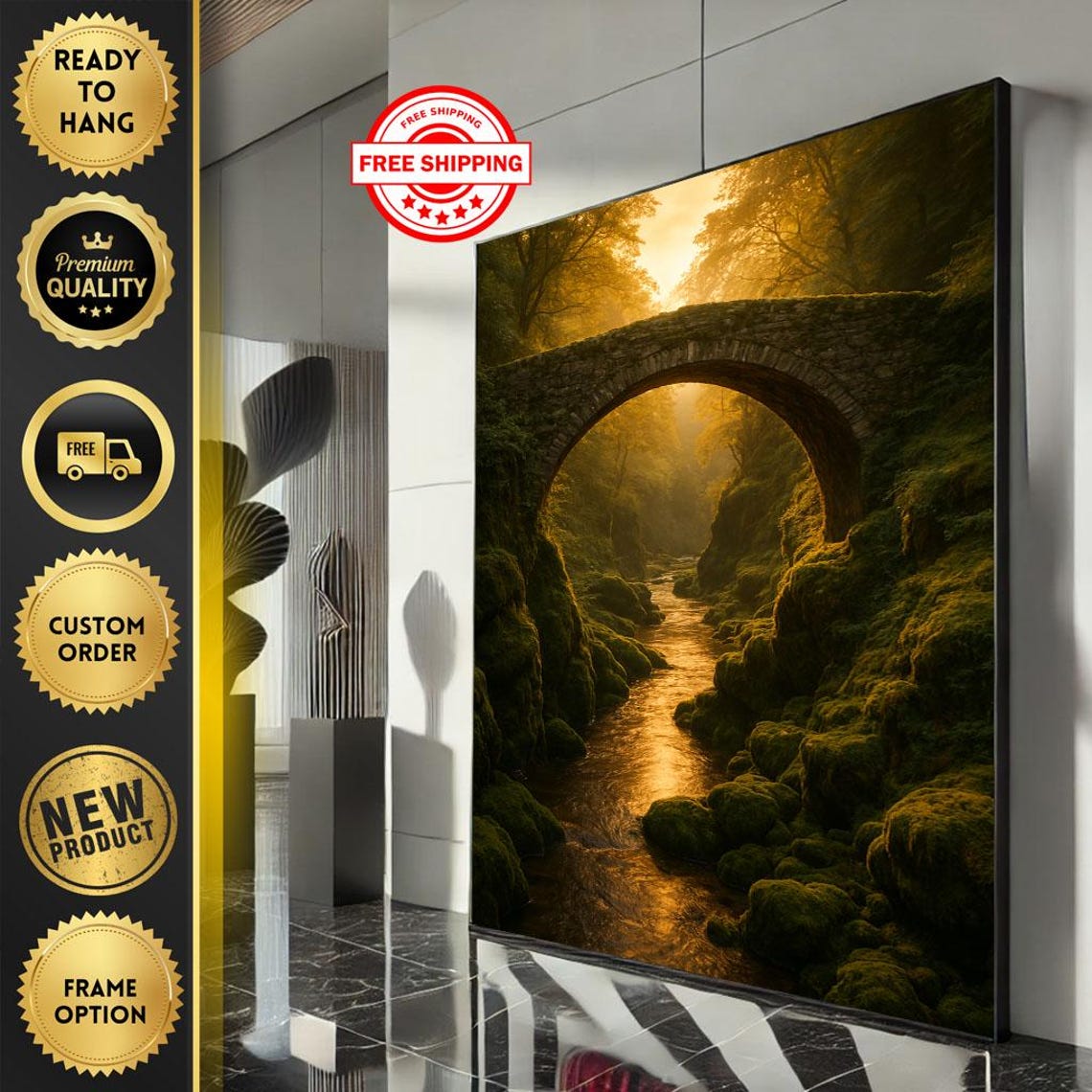 Mystical Stone Bridge Golden Forest Stream Fantasy Art Poster