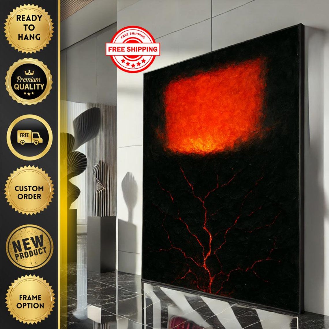 Molten Red Rectangle On Black Lava Crack Dramatic Abstract Poster