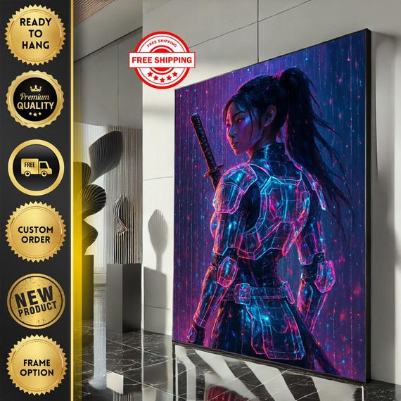 Futuristic Samurai Woman Canvas Wall Art Print Neon Blue And Pink Living Room Decor Ready To Hang Statement Piece