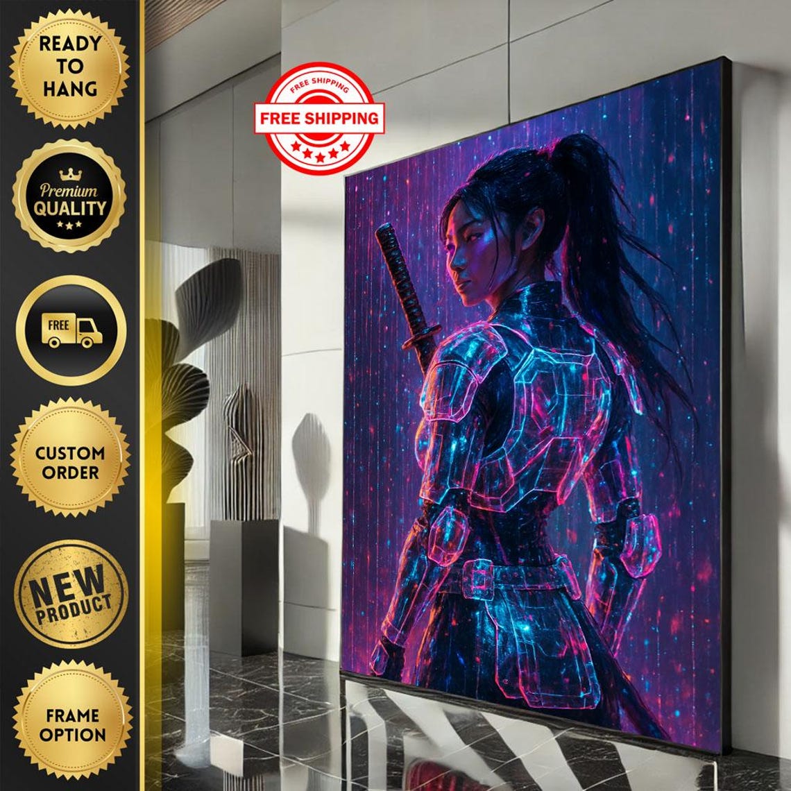 Futuristic Samurai Woman Canvas Wall Art Print Neon Blue And Pink Living Room Decor Ready To Hang Statement Piece