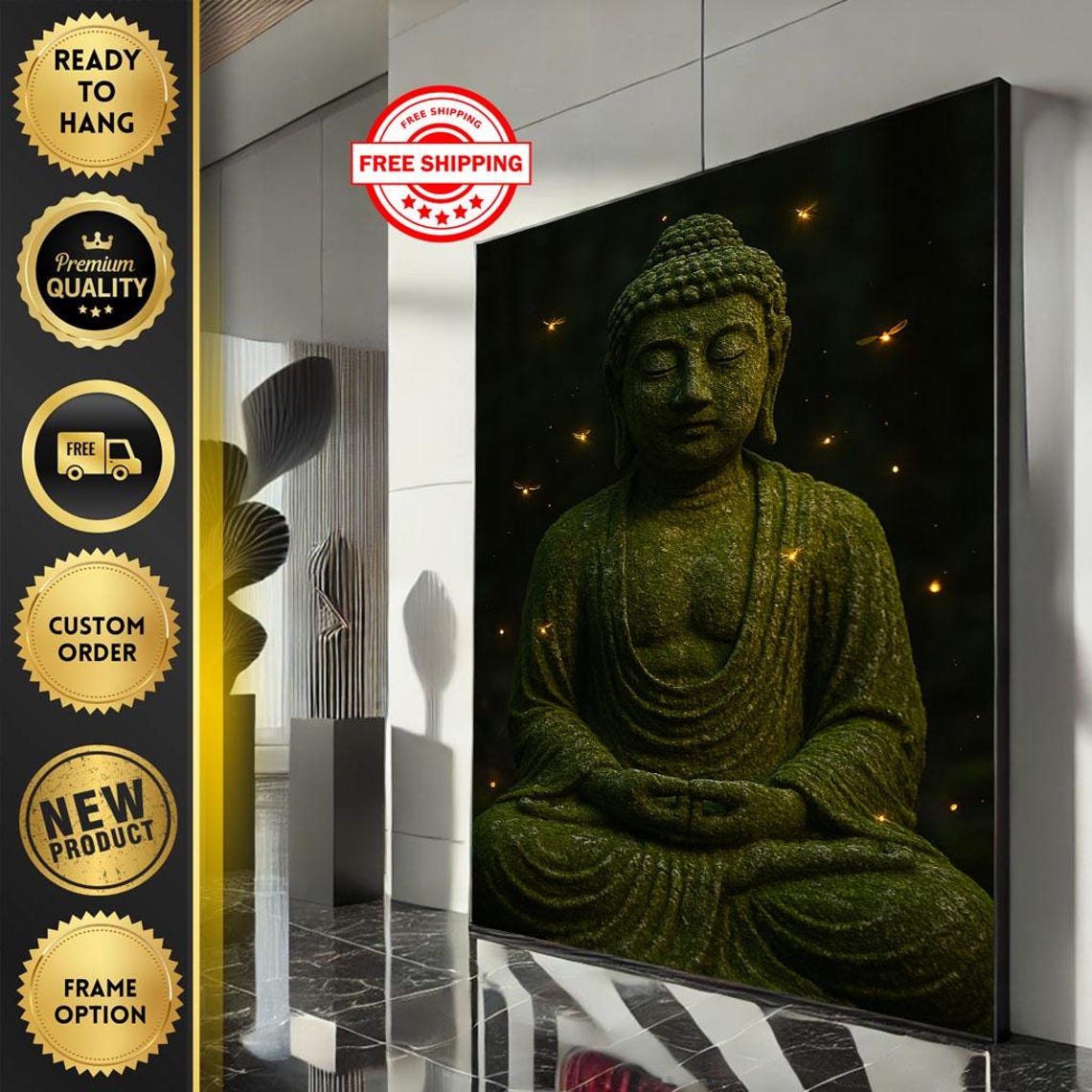 Moss Covered Buddha Night Fireflies Mystical Garden Art Poster