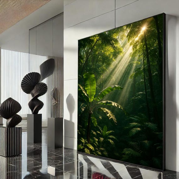 Serene Sunlit Jungle Canvas Wall Art Print Lush Green Living Room Decor Statement Piece For Nature Lovers