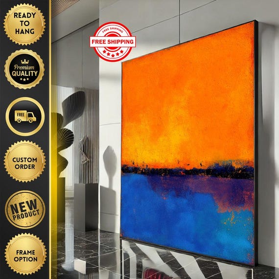 Mark Rothko Inspired Orange And Blue Canvas Bold Color Field Painting For Modern Living Room Decor Ready To Hang