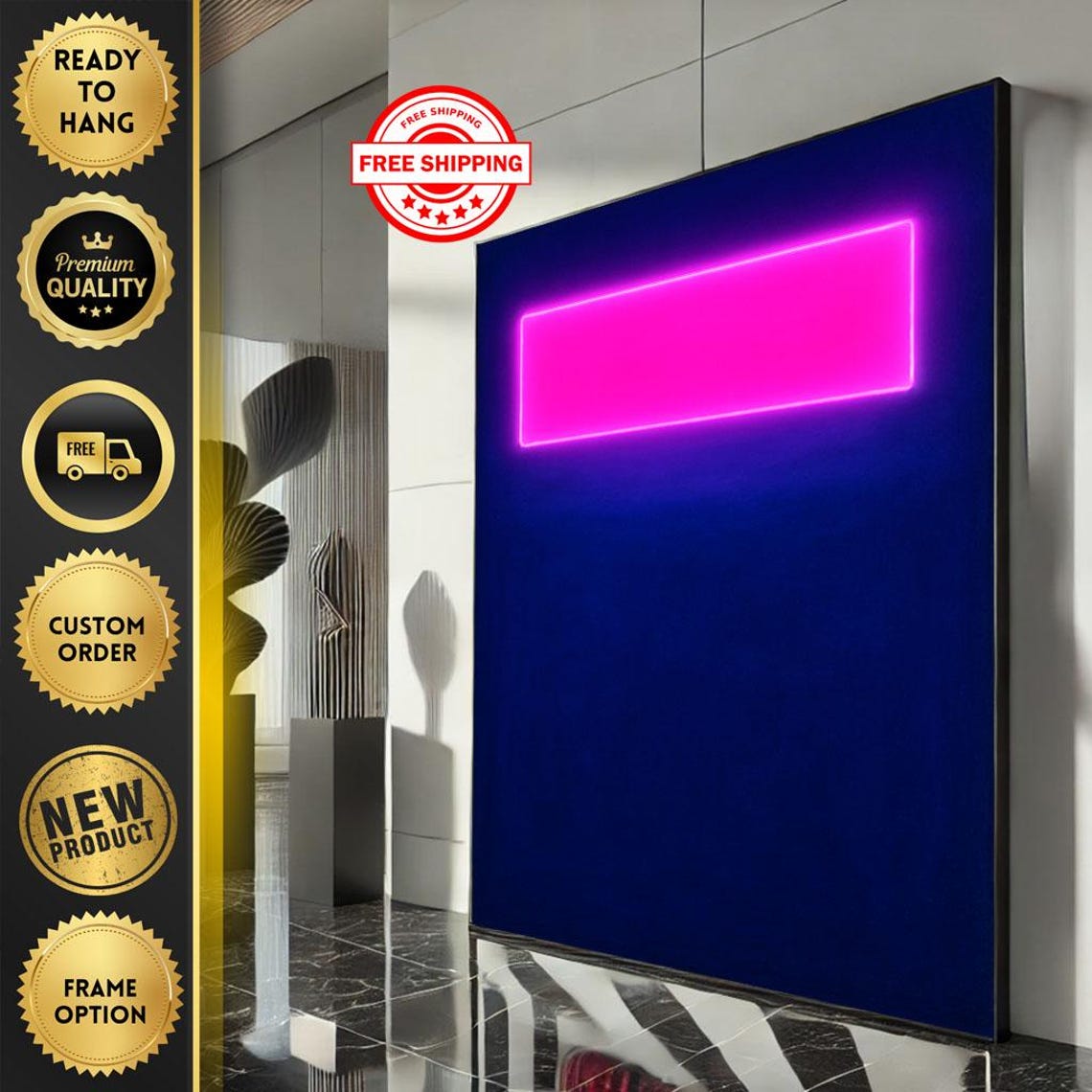 Neon Pink Rectangle Deep Blue Minimalist Modern Light Art Poster
