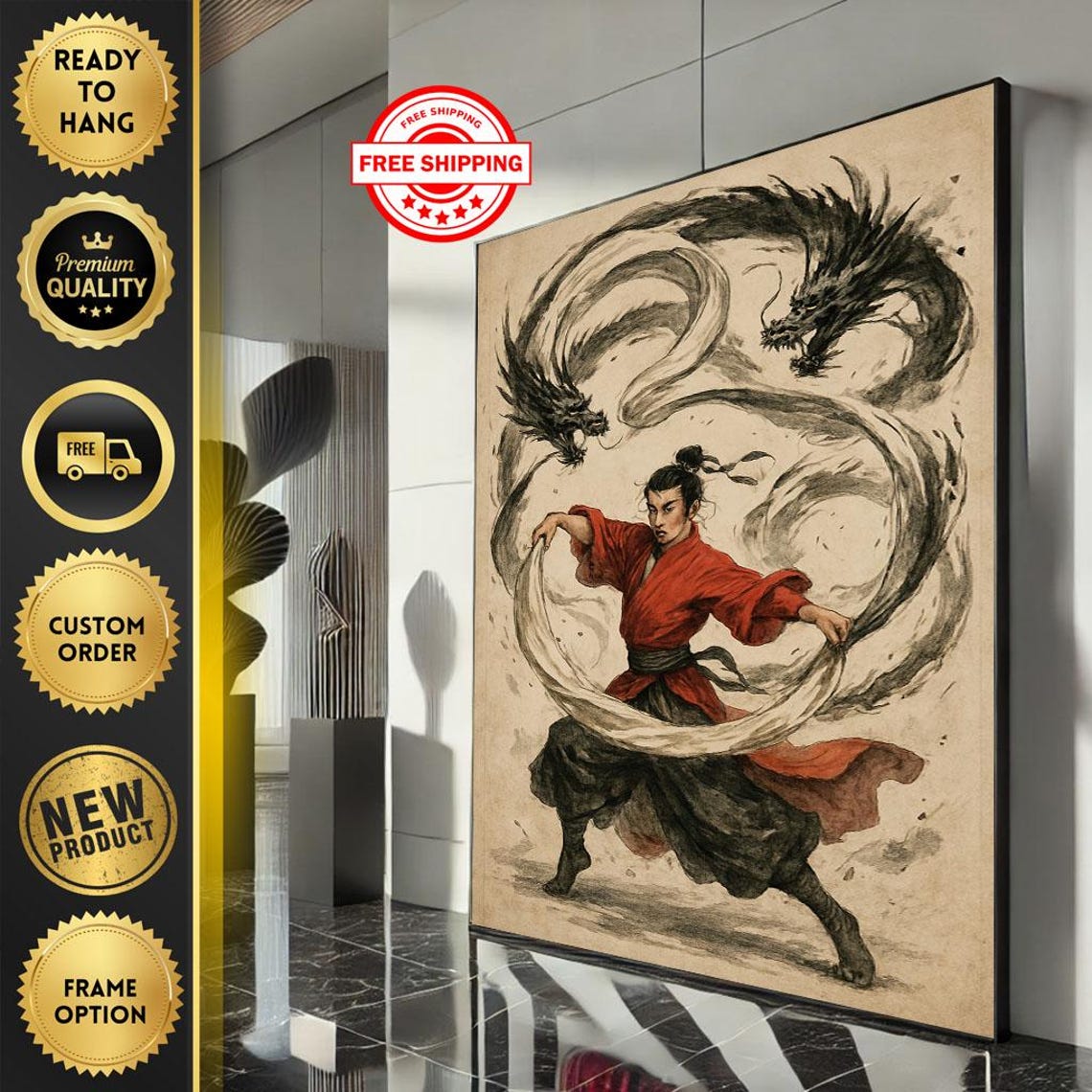Samurai Dancer Ink Dragon Sumi E Brush Red Robe Japanese Poster