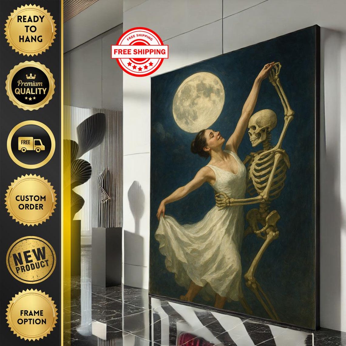 Moonlit Skeleton Dance Romantic Vintage Gothic Ballroom Art Poster