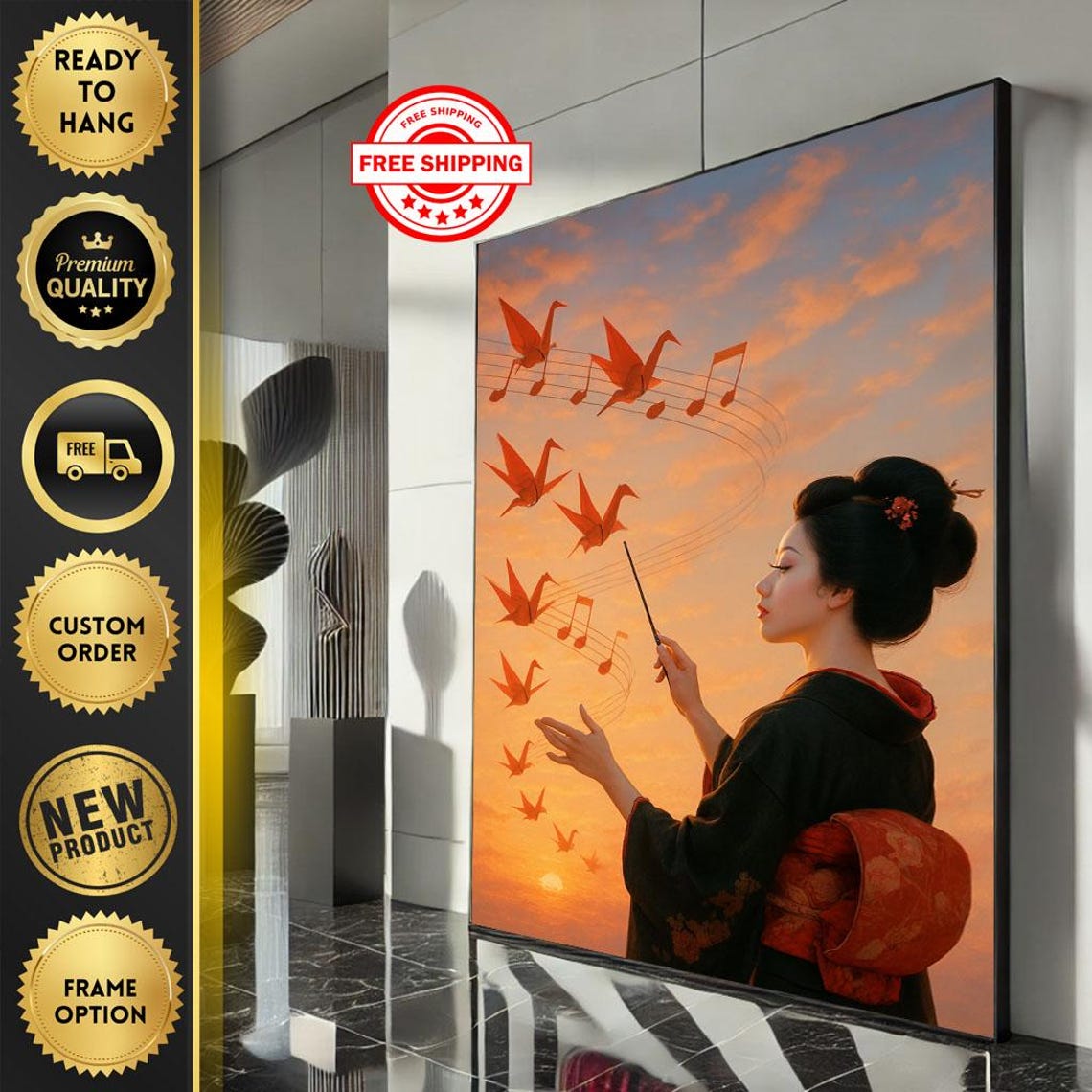 Geisha Conducting Origami Cranes Musical Notes Sunset Sky Print