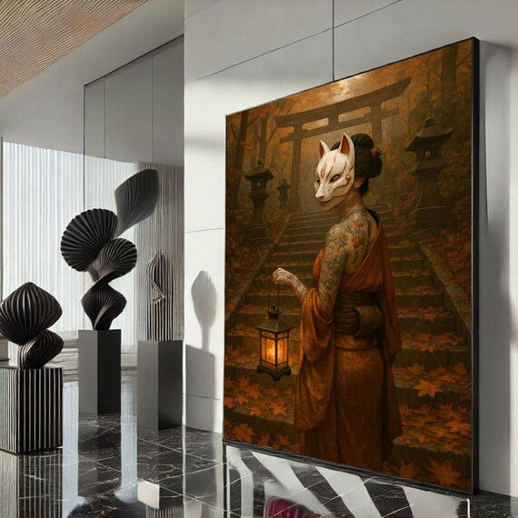 Kitsune Fox Mask Tattooed Woman Autumn Shrine Lantern Japanese Poster