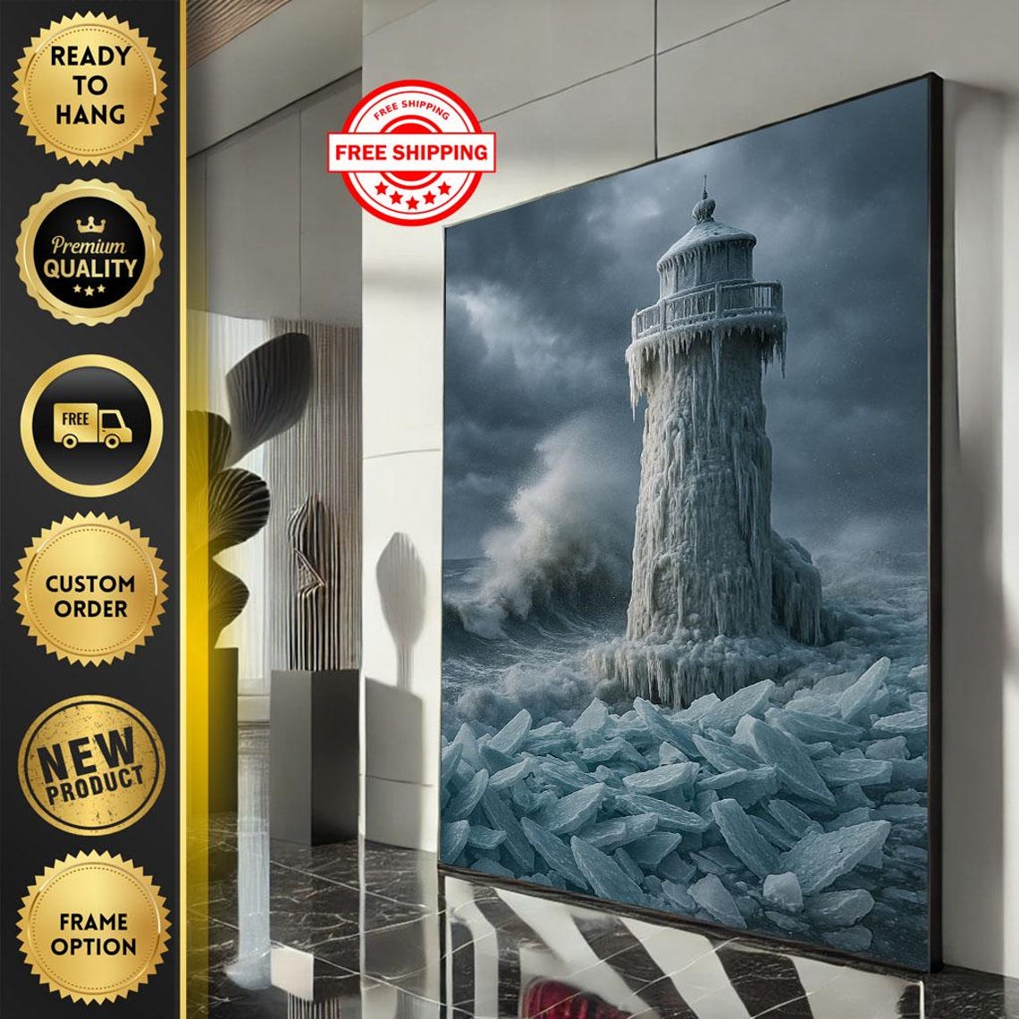 Ice Covered Lighthouse Standing In A Stormy Winter Sea Poster