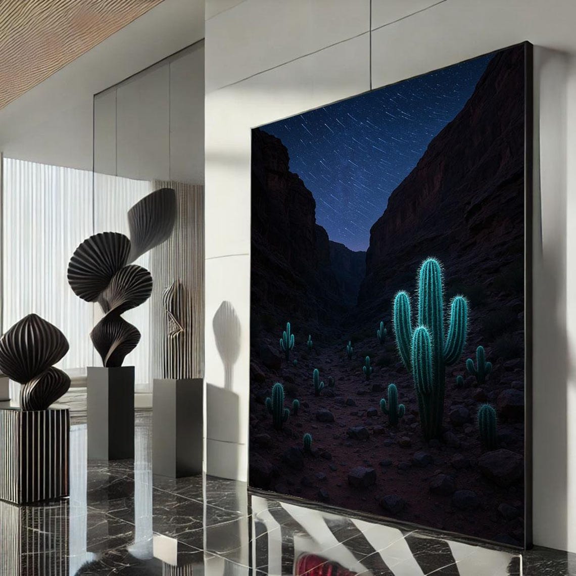 Starry Night Desert Canyon with Glowing Teal Cactus Rocks Poster