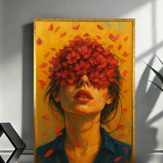 Flower Face Woman Portrait Modern Abstract Canvas Wall Art Print Bold Feminine Expression Decor Yellow And Red Poster Ready To Hang