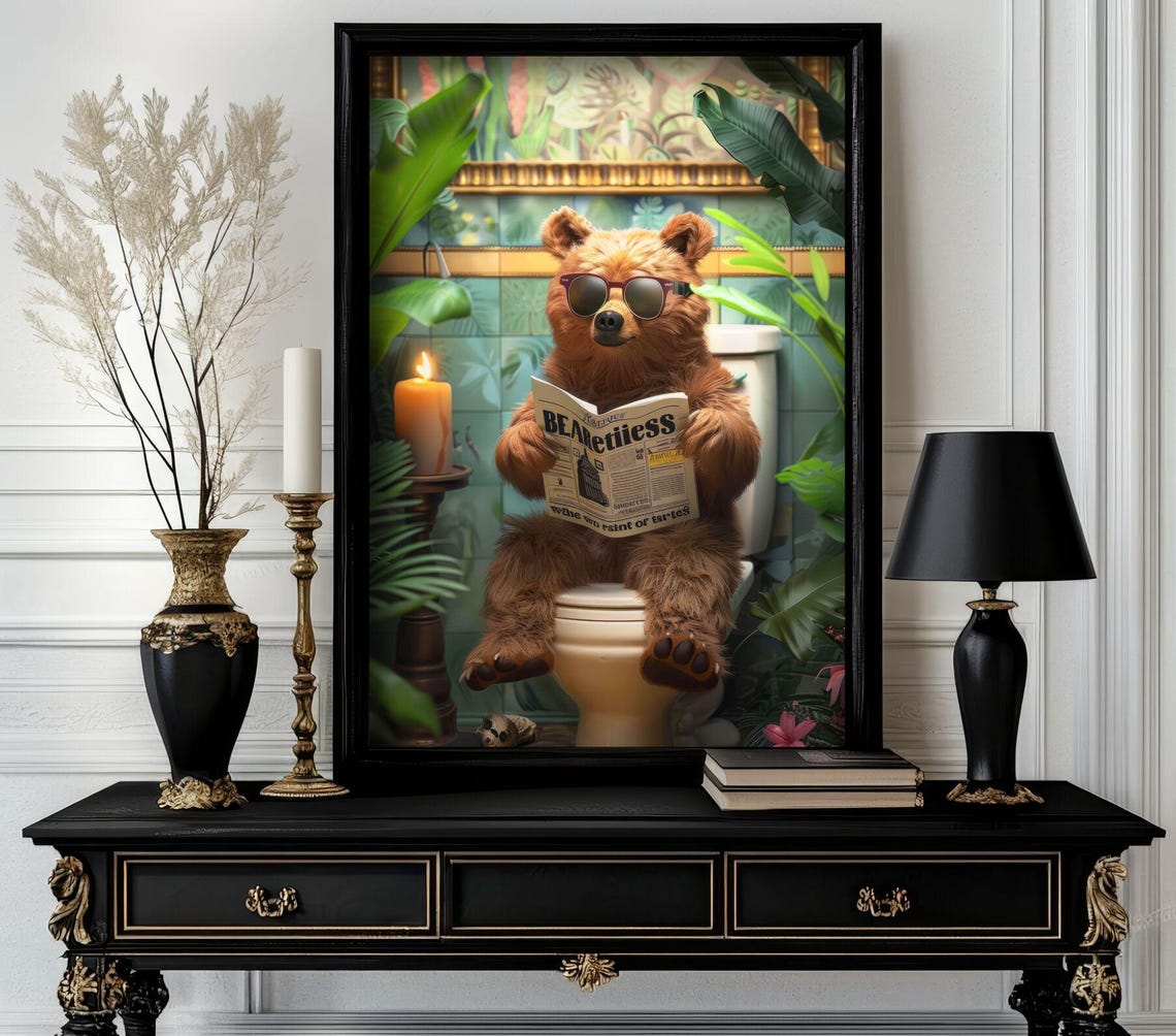 Funny Bear on Toilet Reading Newspaper Bathroom Humor Poster
