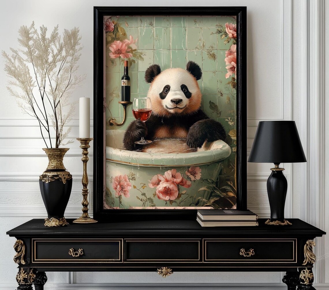 Panda in Floral Bathtub Holding Wine Glass Funny Animal Poster