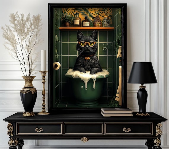 Funny Bathroom Cat Poster Animal On Toilet Wall Art Gag Gift For Guest Quirky Decor White Elephant 30
