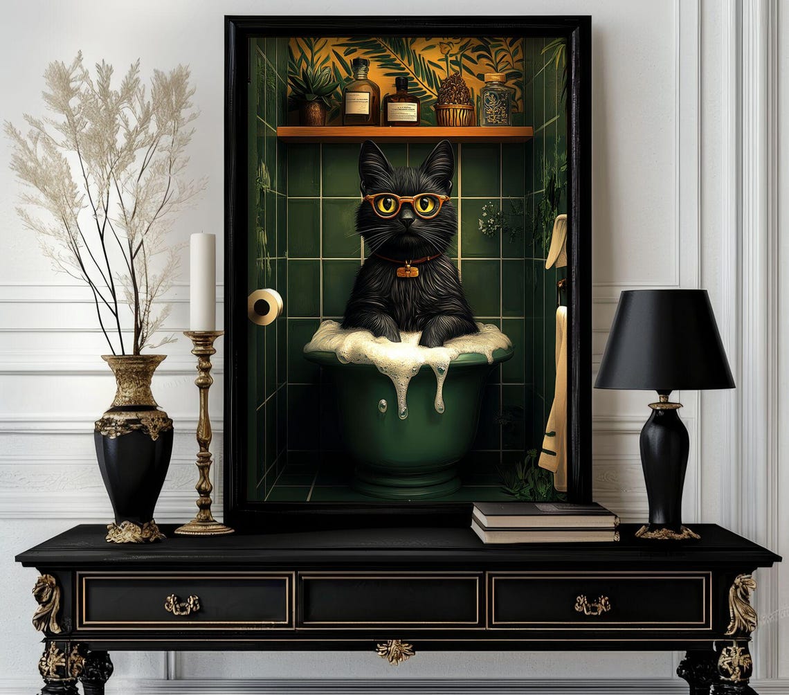 Funny Black Cat with Orange Glasses Relaxing in Bubble Bath Poster