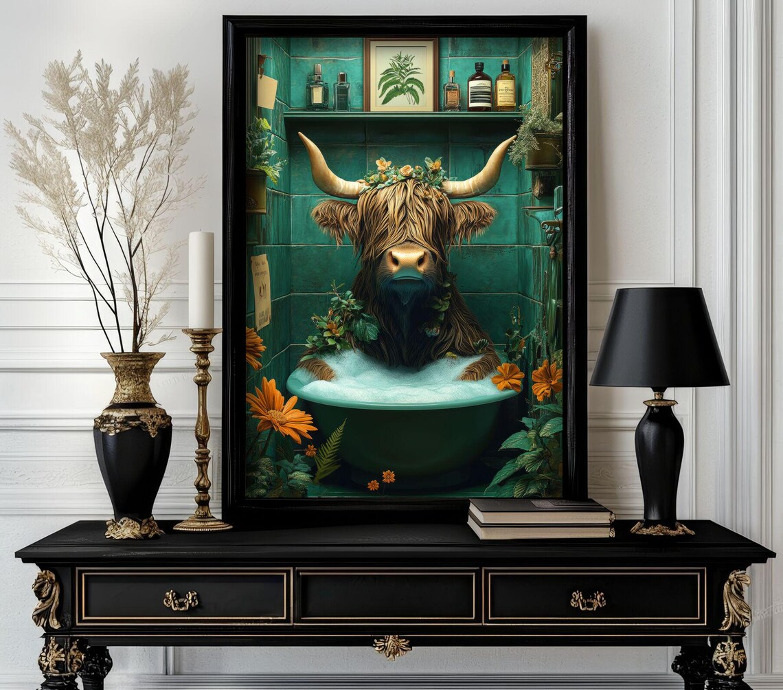 Highland Cow with Flower Crown in Bubble Bath Funny Bathroom Poster