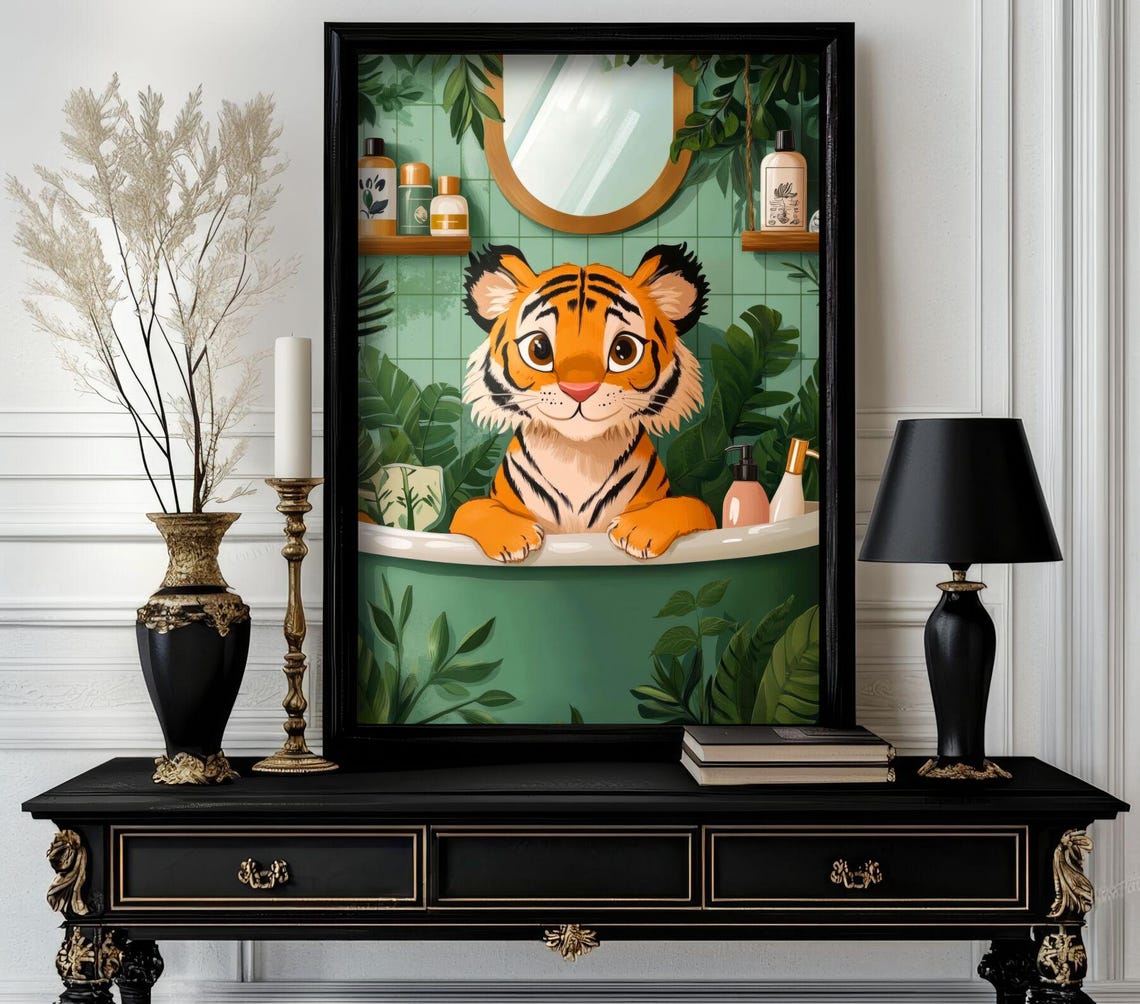 Cute Tiger Cub in Bathtub Tropical Bathroom Funny Animal Poster