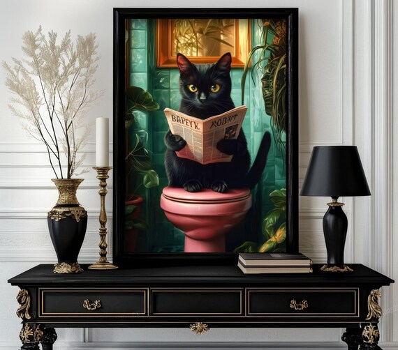 Black Cat Reading Newspaper On Pink Toilet Green Tile Bathroom Poster