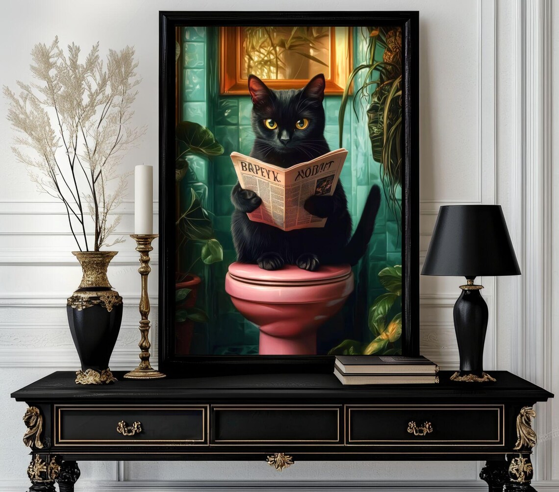 Black Cat Reading Newspaper On Pink Toilet Green Tile Bathroom Poster