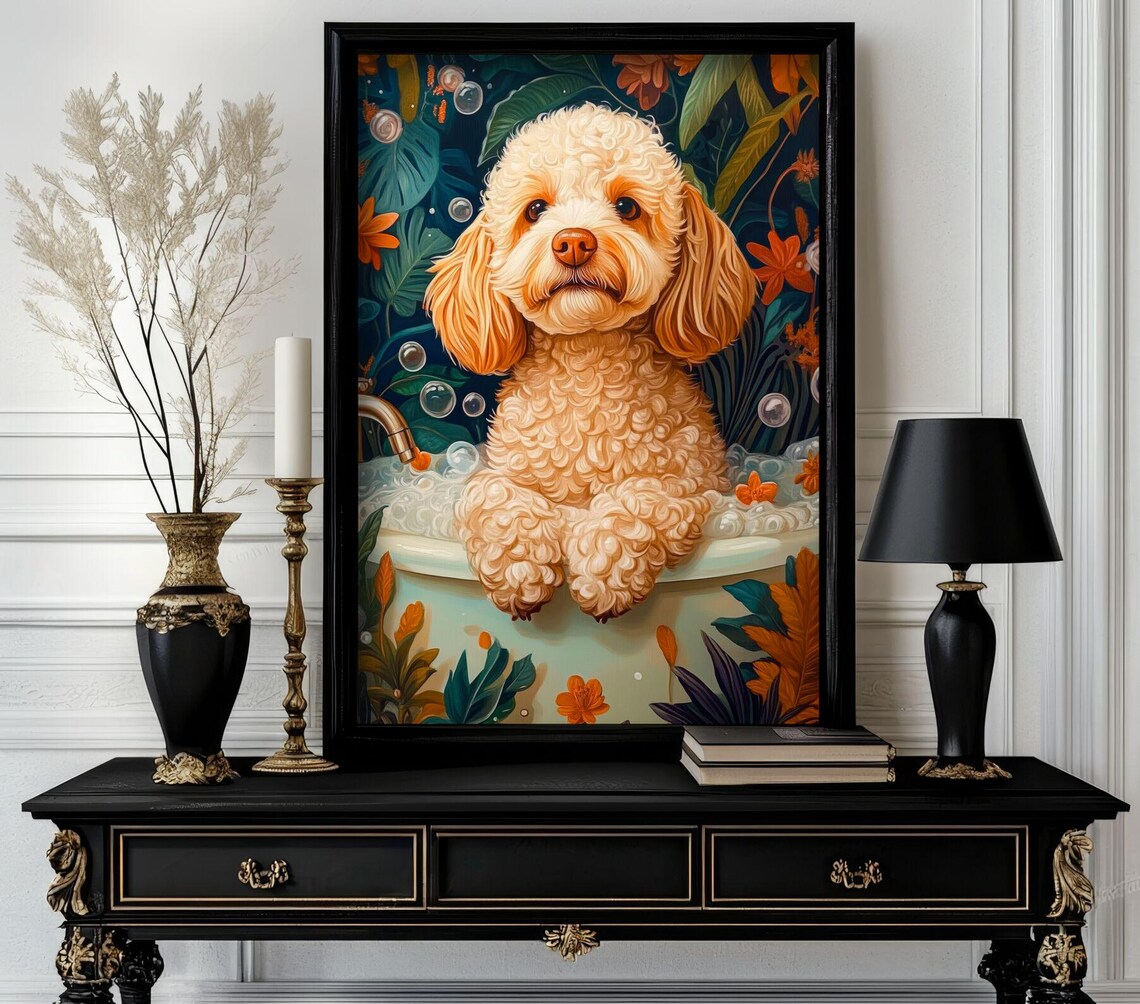 Cream Poodle in Bubble Bath Tropical Flowers Cute Animal Poster
