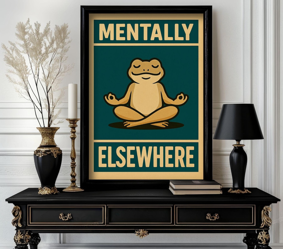 Mentally Elsewhere Zen Frog Meditation Retro Teal Cream Funny Poster